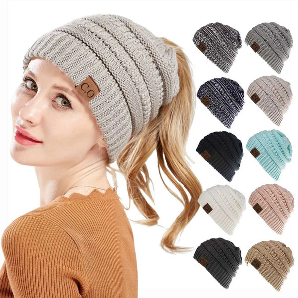 New Lady Knitted Hats for Women Girls Skiing Baseball Cap Openings Horsetail Hat