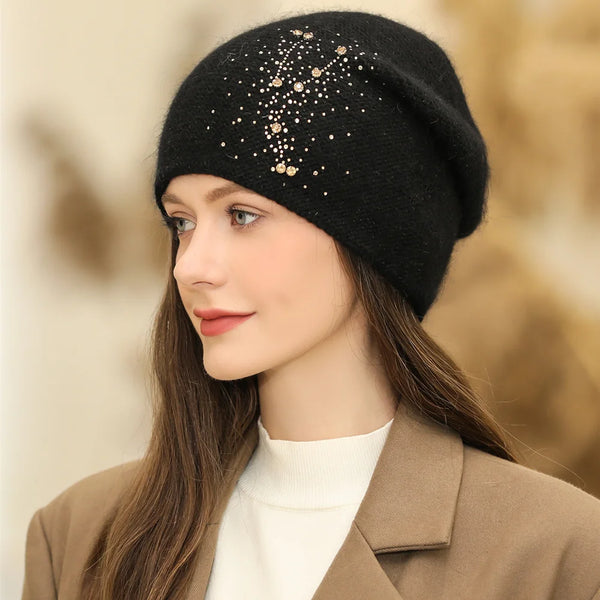 New Women Winter Hat Fashion Decorate Beanie Hat Rabbit Fur Blend Warm Winter Cap For Female Casual Streetwear Knitted Hat