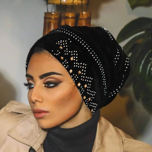 Velvet Cap Turban Shower Wide Sparkly Sleep Crystal Muslim Hijab Hat Headwear Beanie Pre-Tied Bonnet Hair Wrap For Women